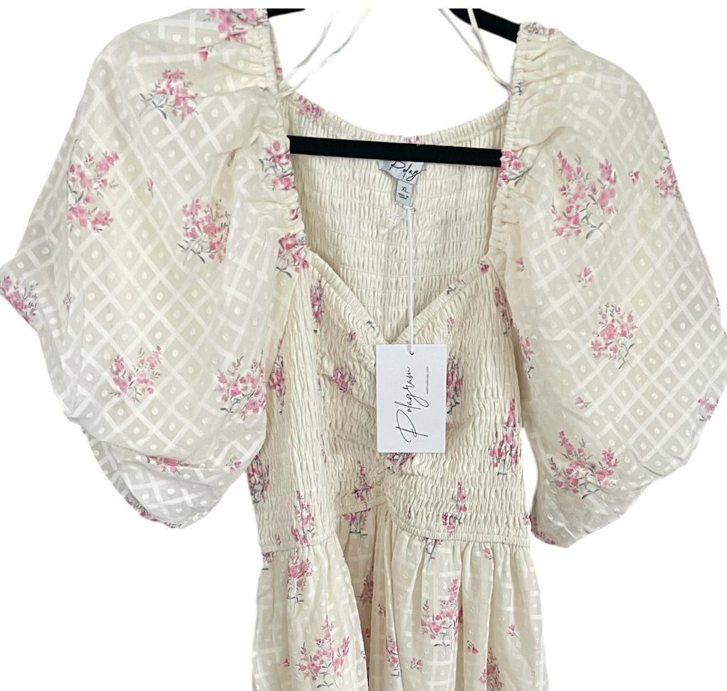 Polagram Pink Floral Textured Dot Smocked Sweetheart Neck Midi Dress (XLarge)