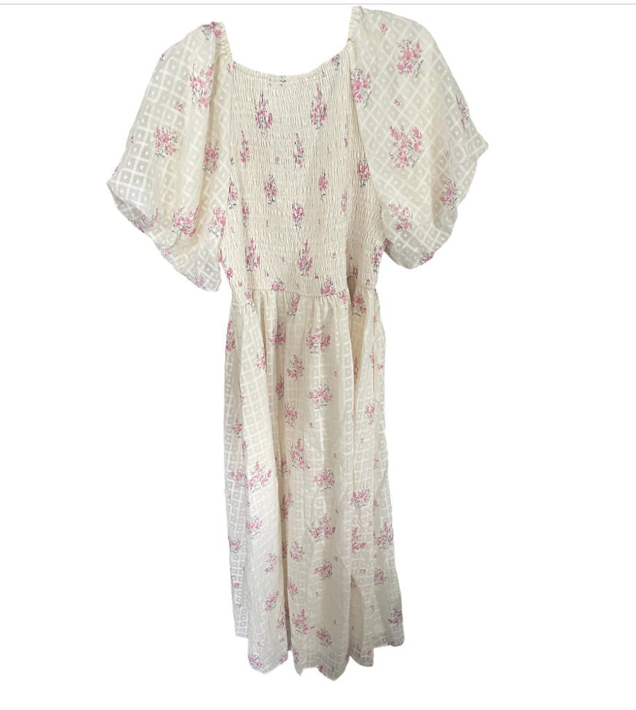 Polagram Pink Floral Textured Dot Smocked Sweetheart Neck Midi Dress (XLarge)