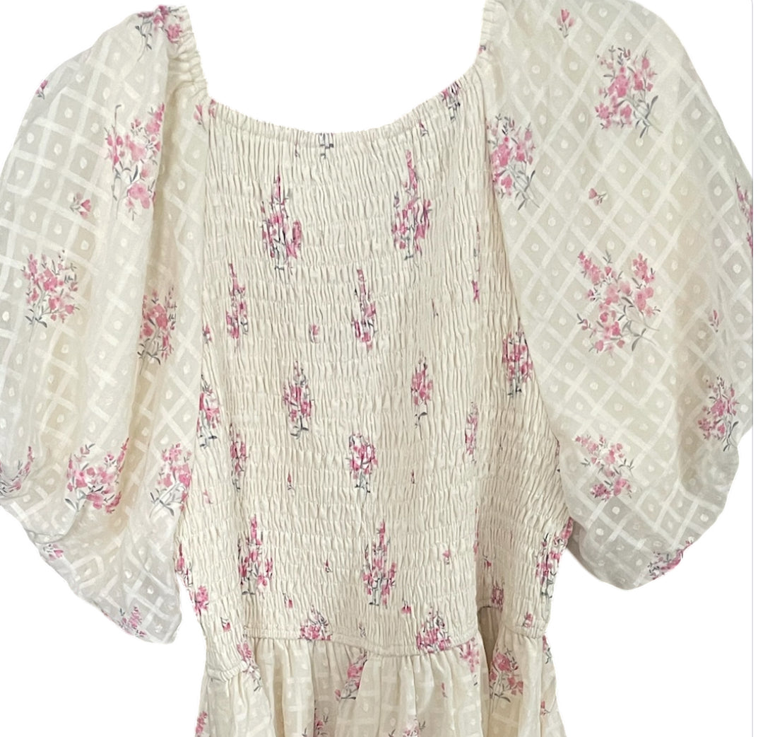 Polagram Pink Floral Textured Dot Smocked Sweetheart Neck Midi Dress (XLarge)