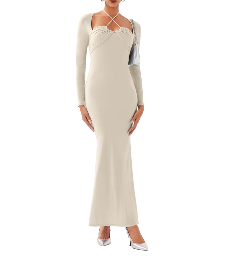 REORIA Long Sleeve Inverted Trapezoid Cross Neck Mermaid Dress (Small)