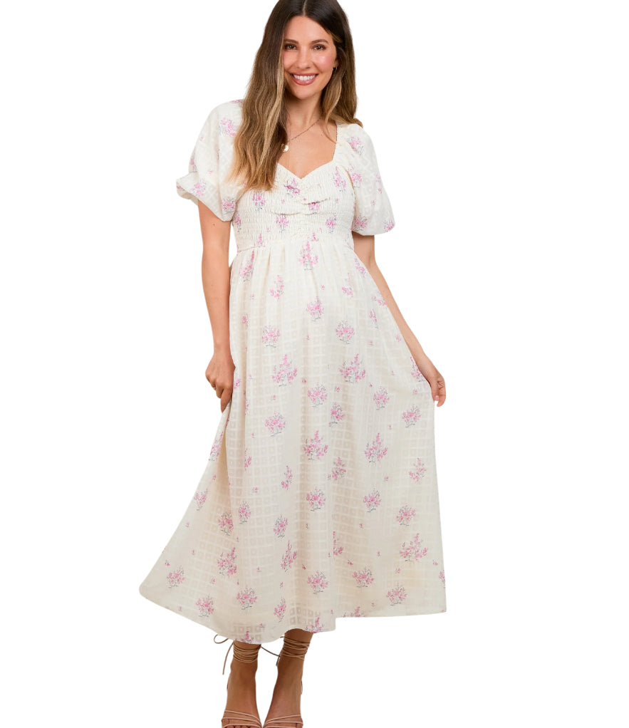 Polagram Pink Floral Textured Dot Smocked Sweetheart Neck Midi Dress (XLarge)