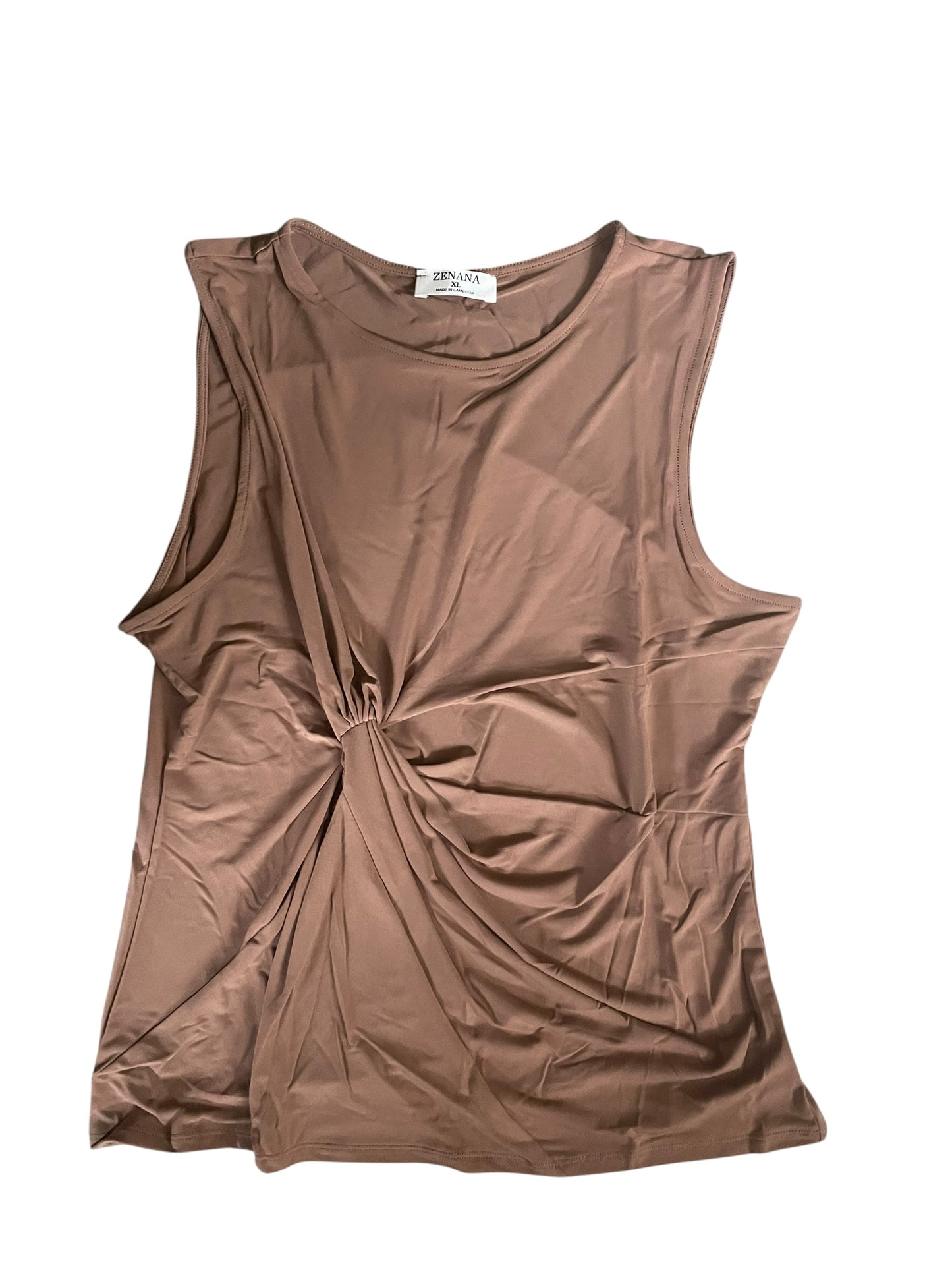 Zenana Front Twist Sleeveless Tank Top in a Deep Camel (Large)