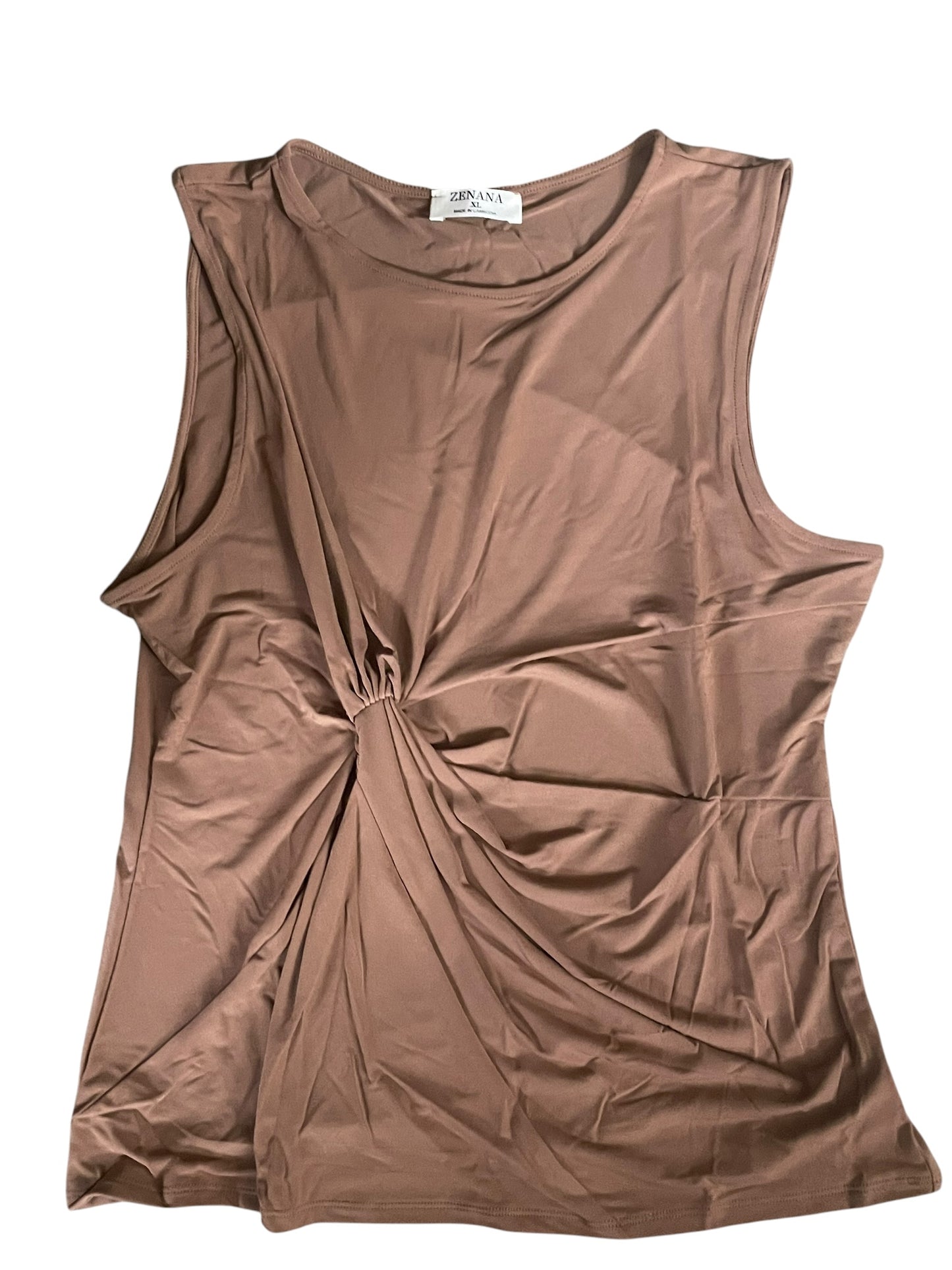 Zenana Front Twist Sleeveless Tank Top in a Deep Camel (Medium)