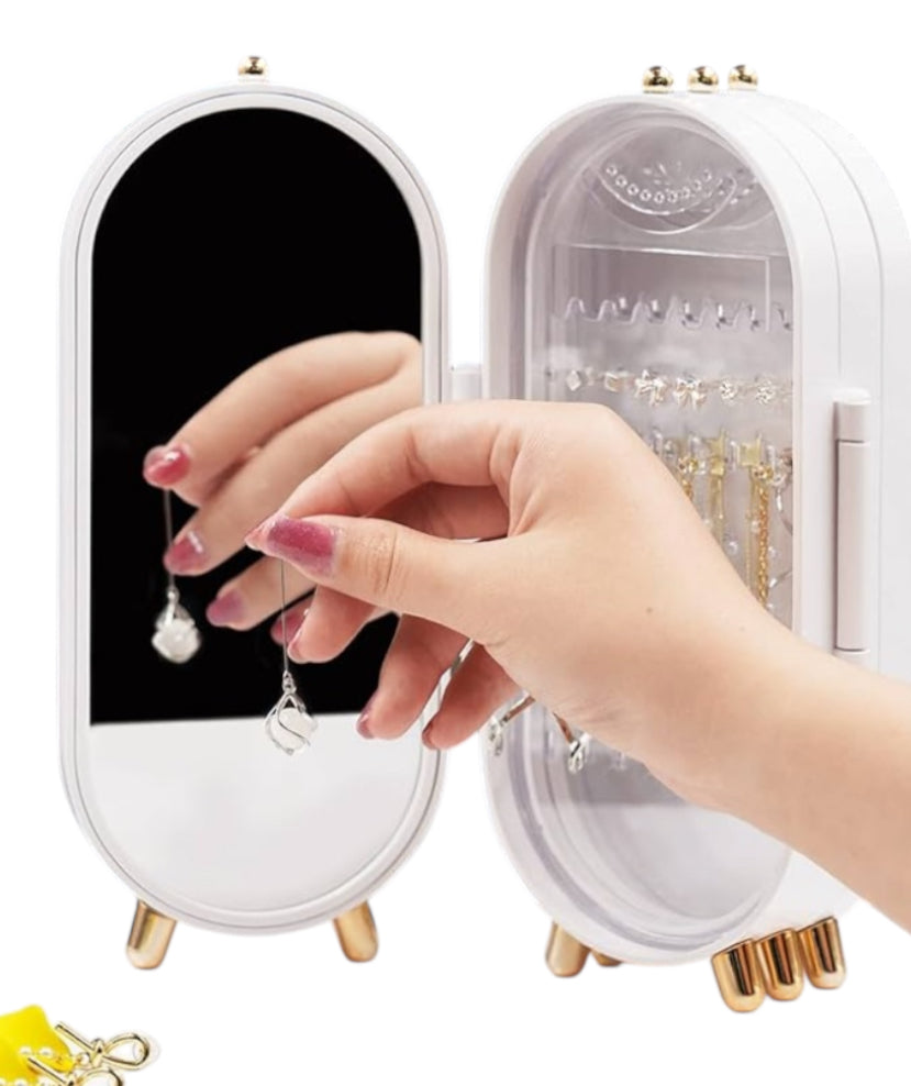 Jewelry Organizer 4 Door Stand with Mirror (White)