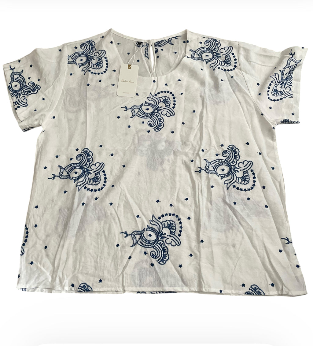 Fashion Space Blue Paisley Embroidered Detailed Blouse (X-Large)