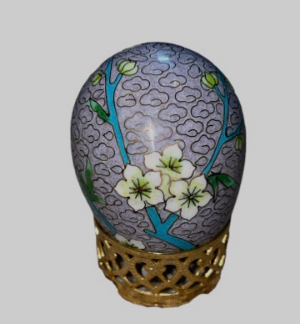 Vintage Cloisonné Egg w/ Gold Stand, Lavender Painted Enamel Floral Scene