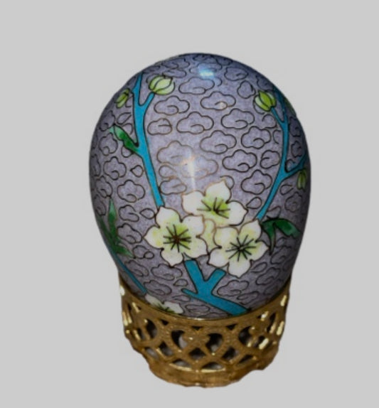 Vintage Cloisonné Egg w/ Gold Stand, Lavender Painted Enamel Floral Scene
