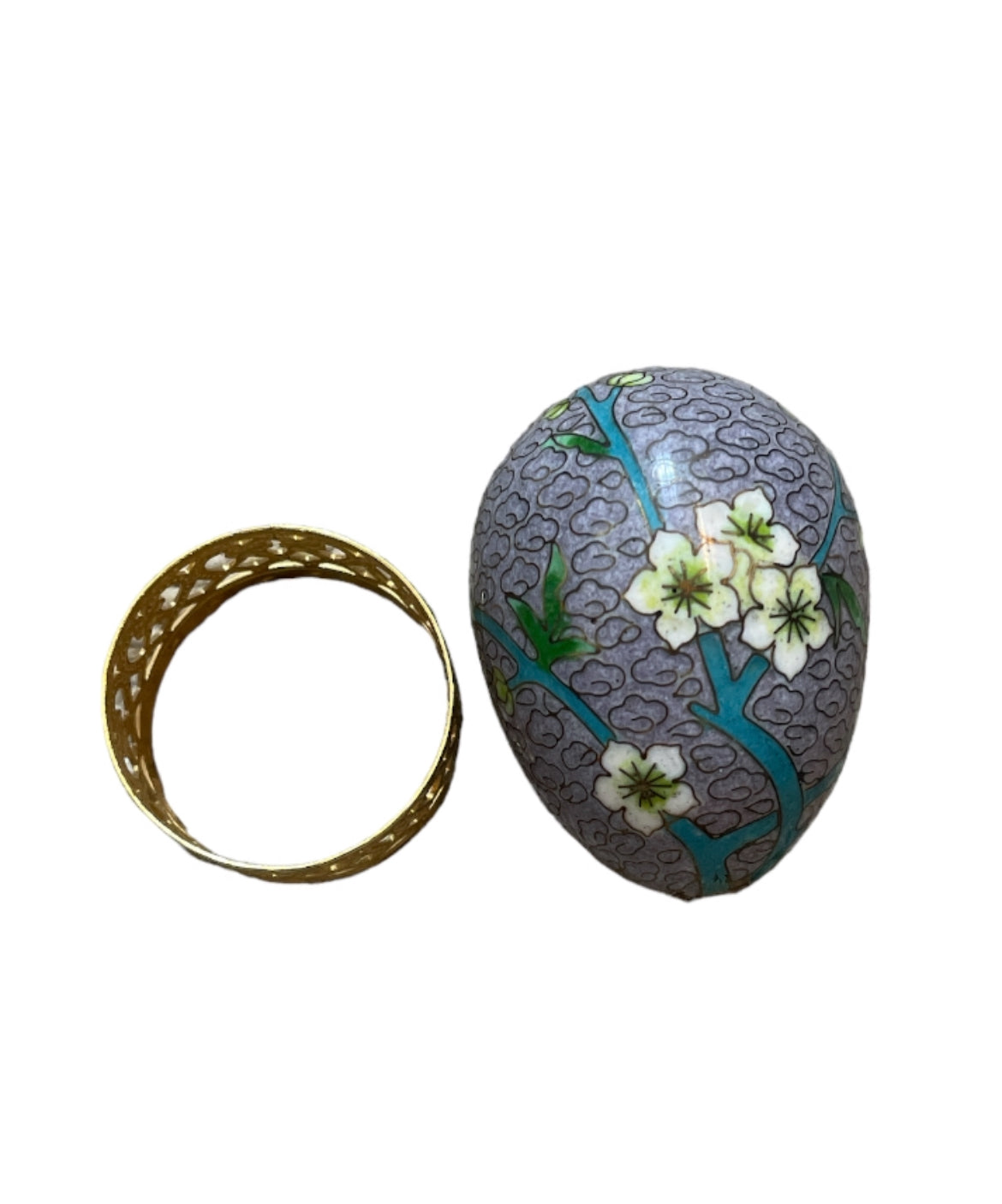 Vintage Cloisonné Egg w/ Gold Stand, Lavender Painted Enamel Floral Scene