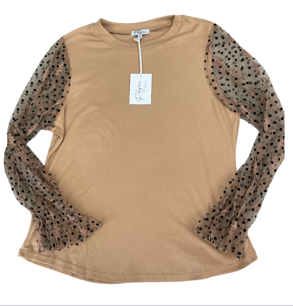 Polygram Waffle Weave Blouse with Sheer Polka Dot Sleeves (3x)