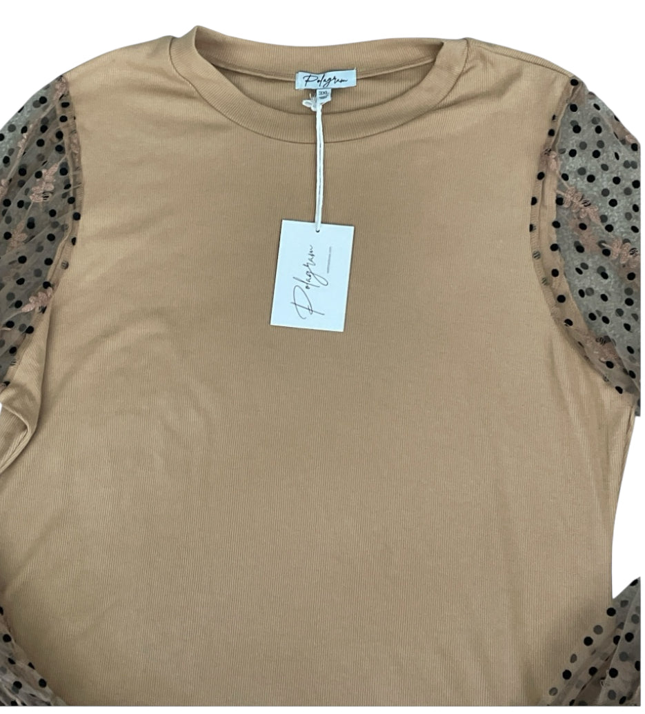 Polygram Waffle Weave Blouse with Sheer Polka Dot Sleeves (3x)