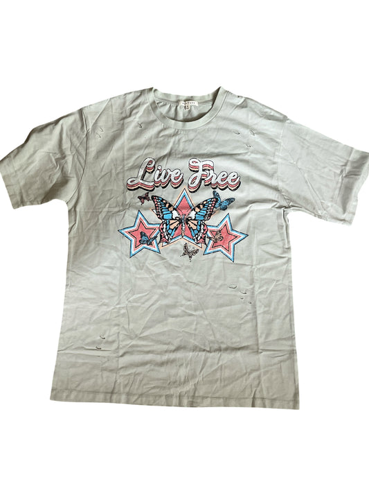 Baevely “Live Free" graphic t-shirt with a butterfly and star design.(Medium)
