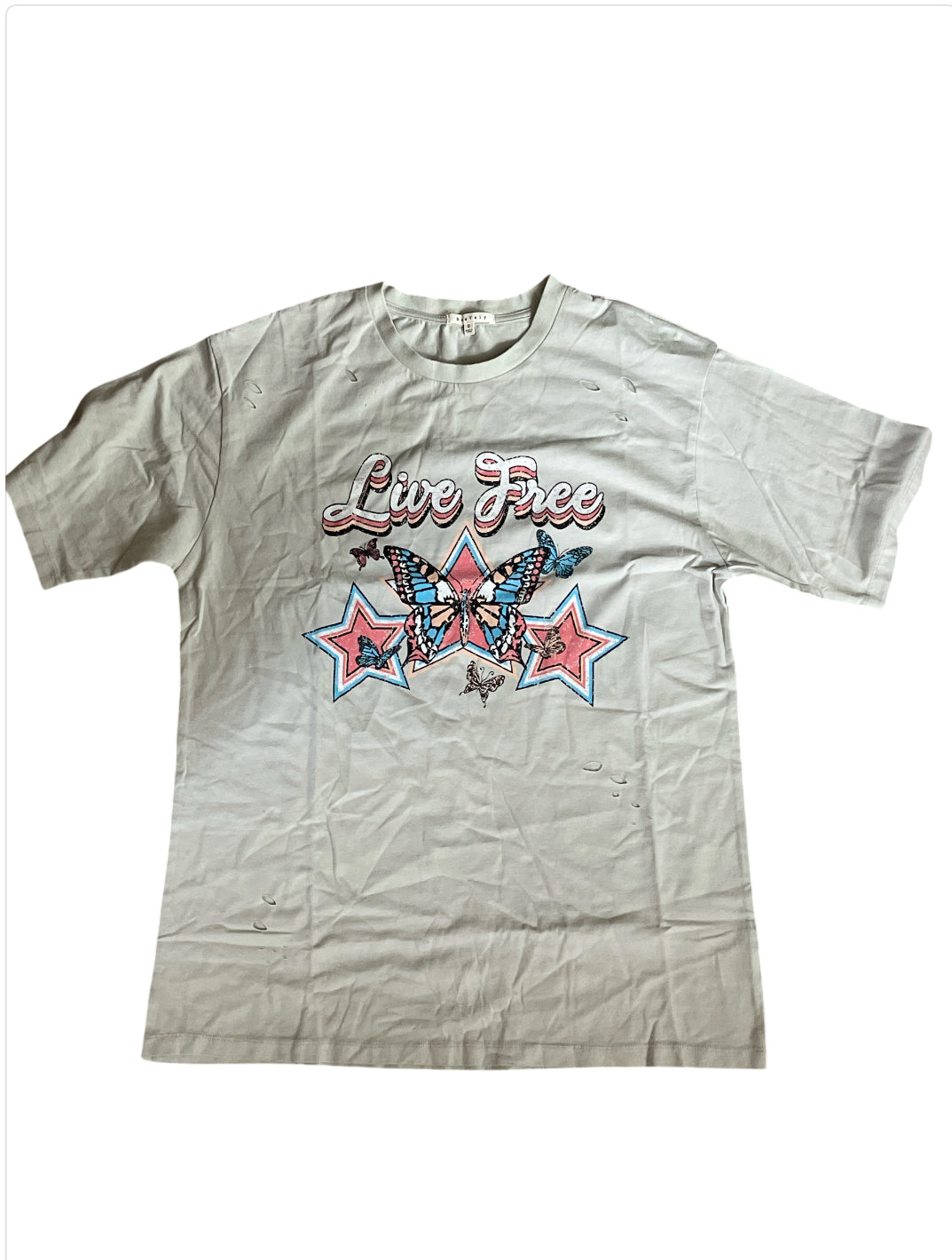 Baevely “Live Free" graphic t-shirt with a butterfly and star design.(Large)