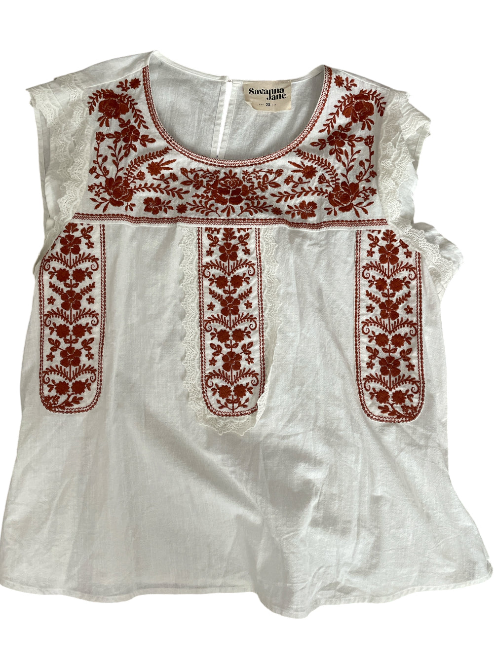 Savanna Jane Tandy Floral white cotton embroidered blouse (2x)