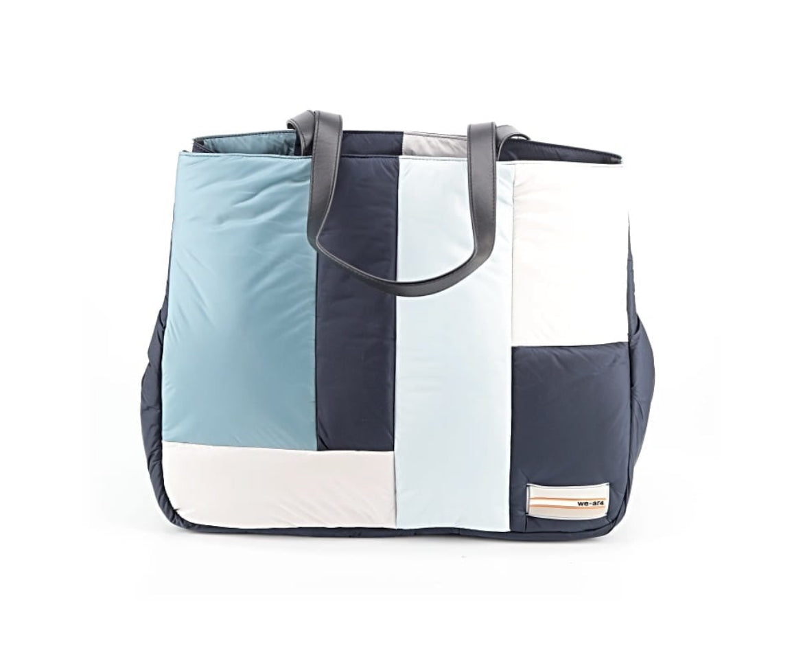 We-AR4 Quilted Large Tote Bag in a Blue Color Block Pattern. 
