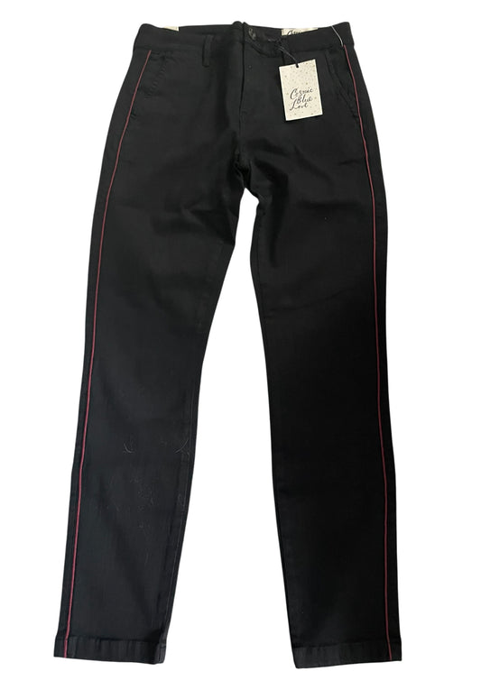 Cosmic Blue Love black skinny-fit trousers featuring thin pink piping (27)