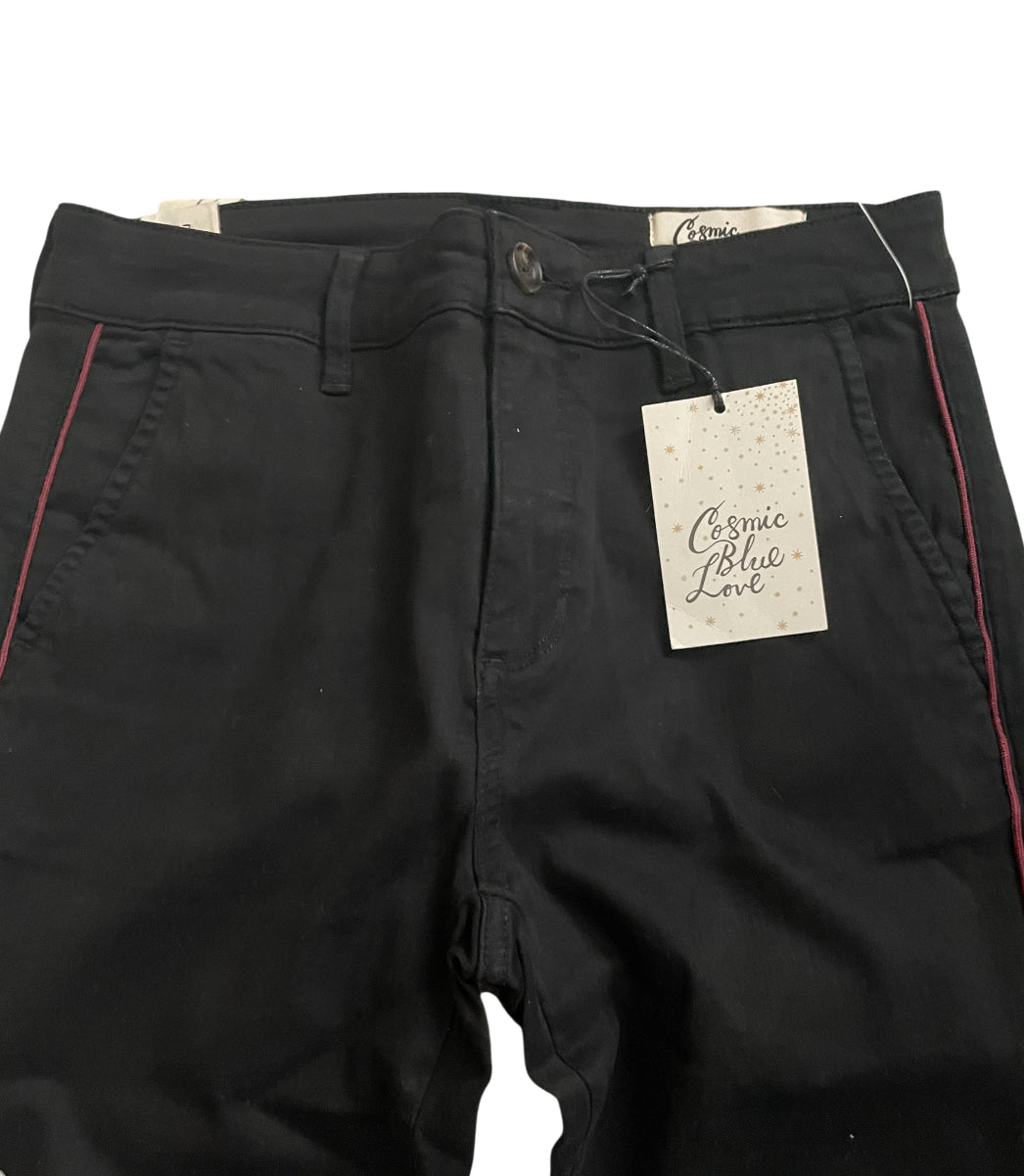 Cosmic Blue Love black skinny-fit trousers featuring thin pink piping (27)