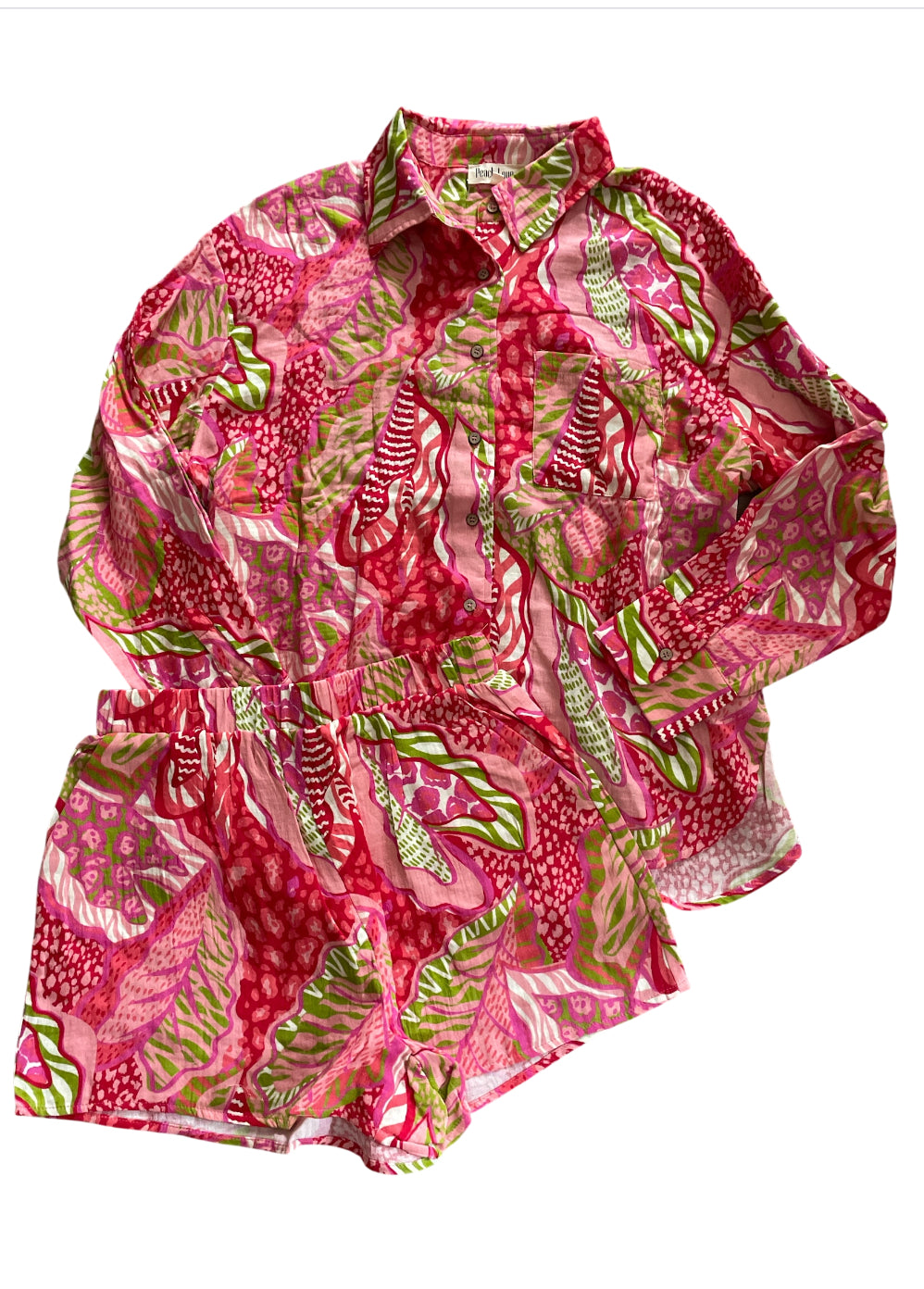 Peach Love SAY ALOHA RED TROPICAL GAUZE SHIRT/SHORTS SET (Medium)