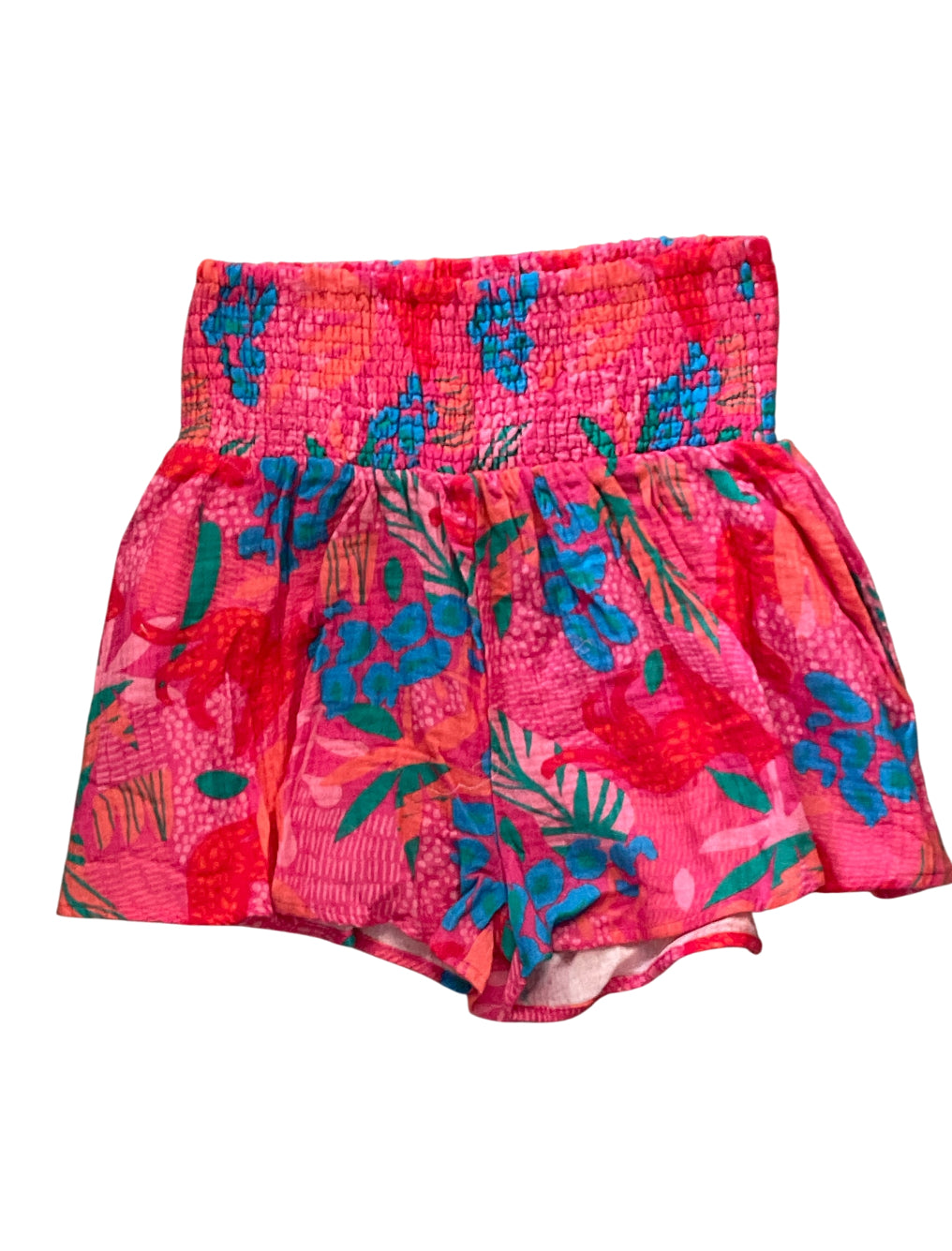 Peach Love Tropical Floral Printed Crinkled Crepe Shorts (Large)