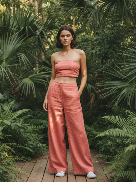 Fashion Space High-Waist Wide Leg Pants set in Coral Pink Linen (Medium)