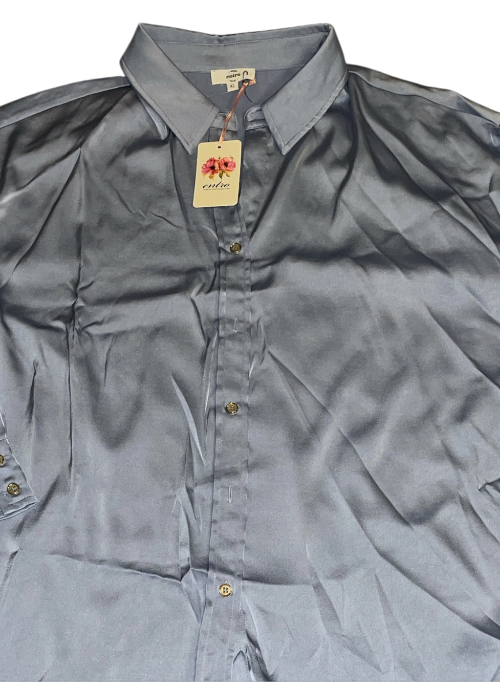 Entro Grey/Blue Satin Button-Up Shirt (XL)