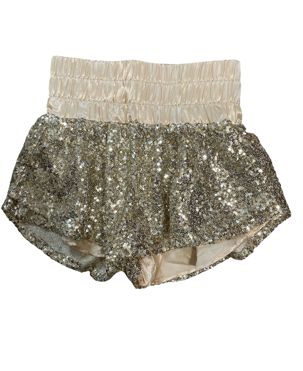 Peach Love Sequin High-Waist Ruffle Shorts in Champagne Gold (Small)