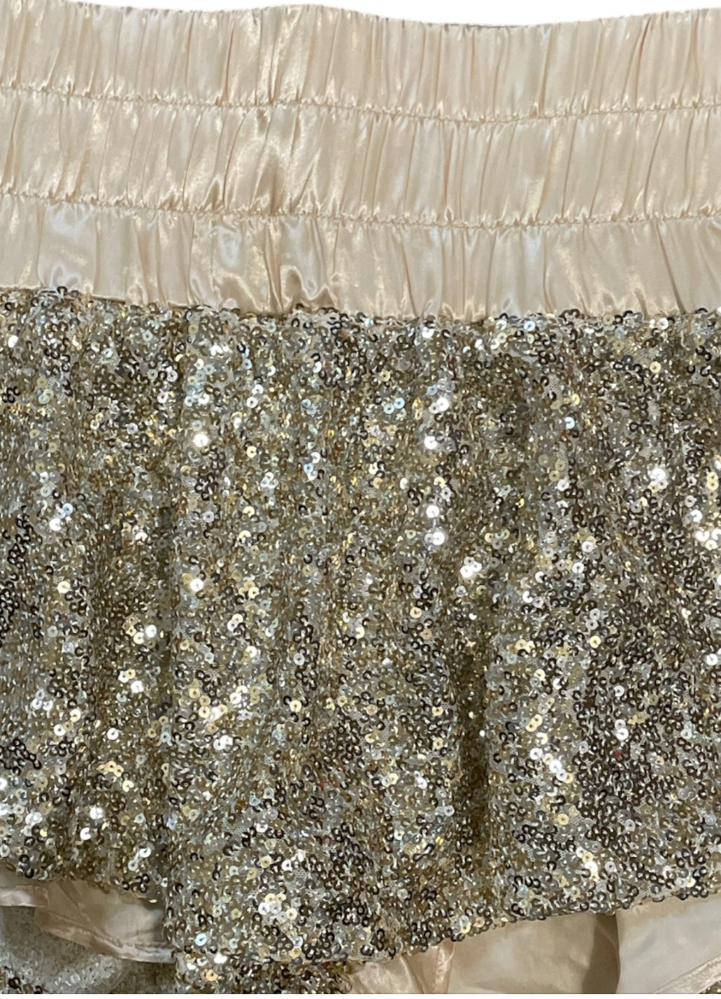 Peach Love Sequin High-Waist Ruffle Shorts in Champagne Gold (Small)