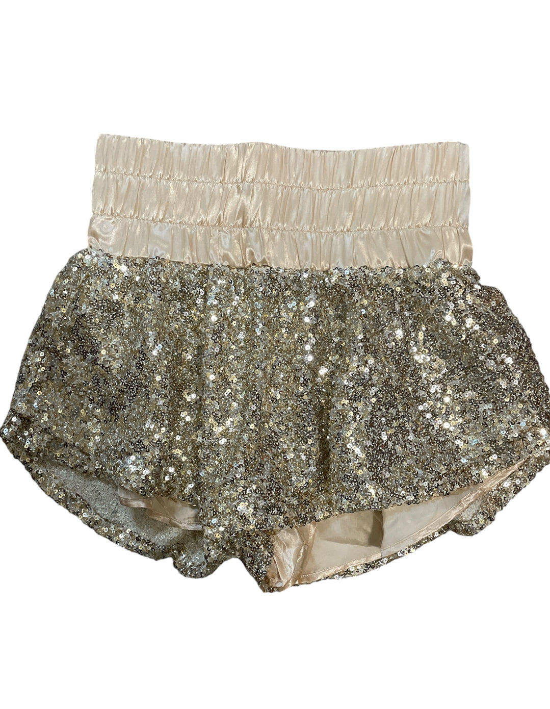 Peach Love Sequin High-Waist Ruffle Shorts in Champagne Gold (Small)