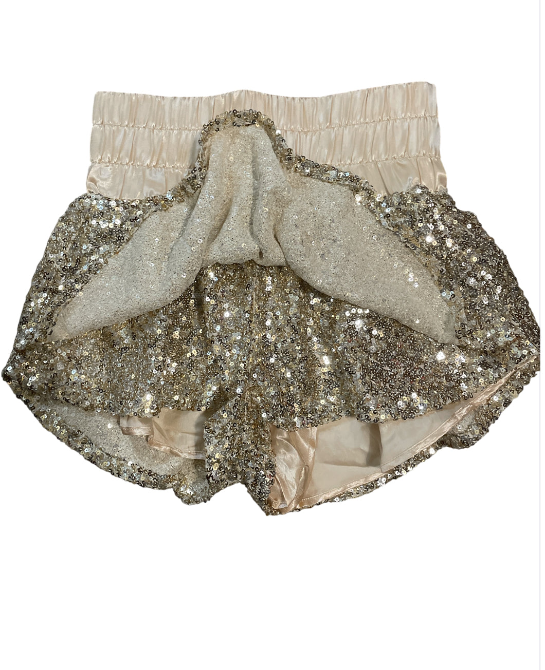 Peach Love Sequin High-Waist Ruffle Shorts in Champagne Gold (medium)
