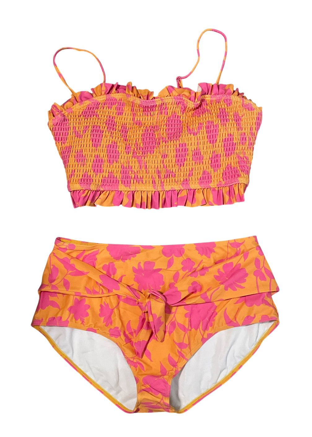 AndTheWhy smocked bikini set with a vibrant orange and hot pink floral pattern (2x)