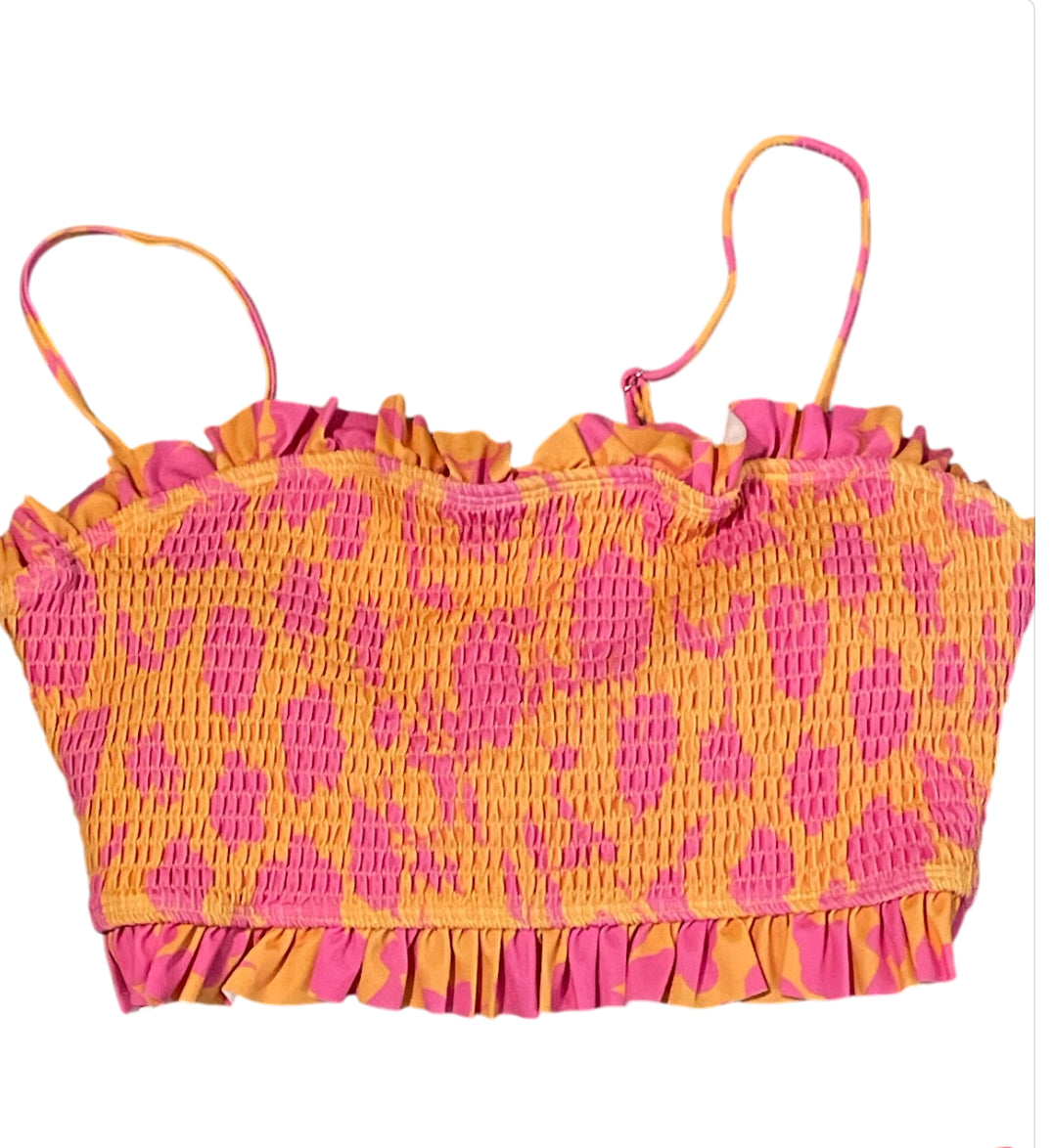 AndTheWhy smocked bikini set with a vibrant orange and hot pink floral pattern (2x)