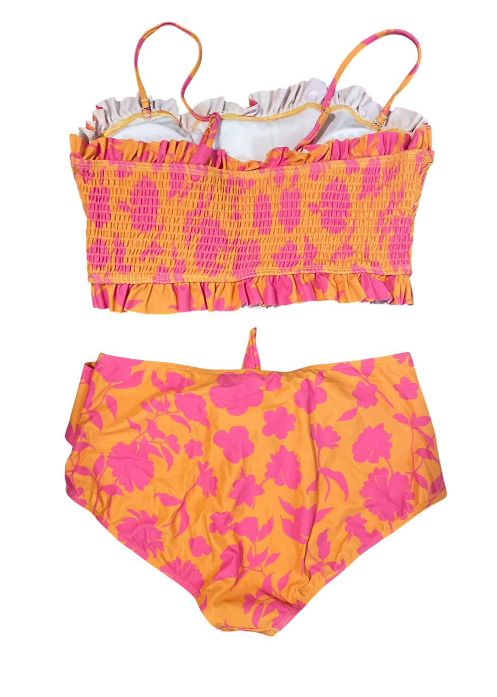 AndTheWhy smocked bikini set with a vibrant orange and hot pink floral pattern (2x)