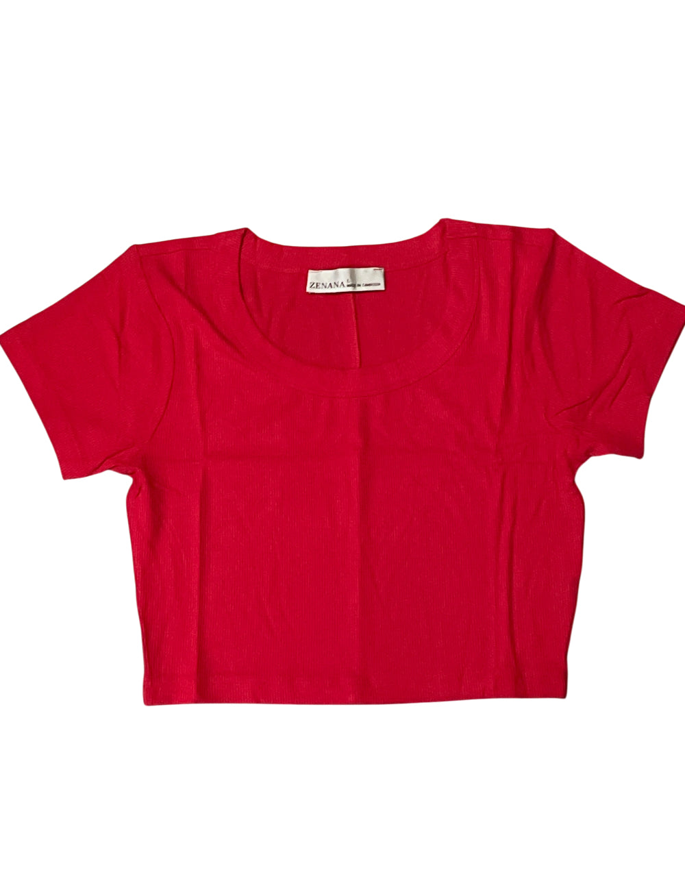 Zenana Ruby Red Ribbed Seamless Short Sleeve Crop Top.(Large)