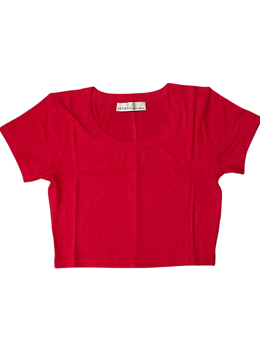 Zenana Ruby Red Ribbed Seamless Short Sleeve Crop Top.(Medium)