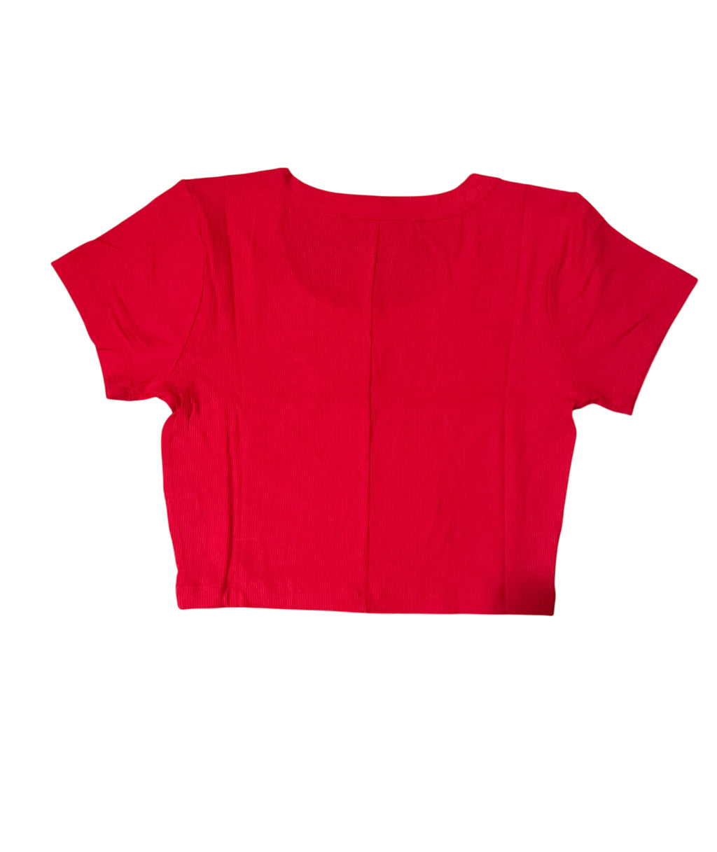 Zenana Ruby Red Ribbed Seamless Short Sleeve Crop Top.(Medium)