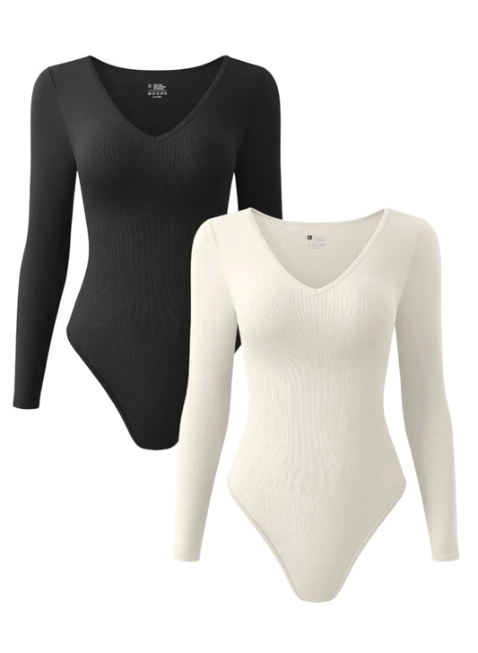 OQQ Long Sleeve V-Neck Ribbed Bodysuit in Black + Cream (XL)