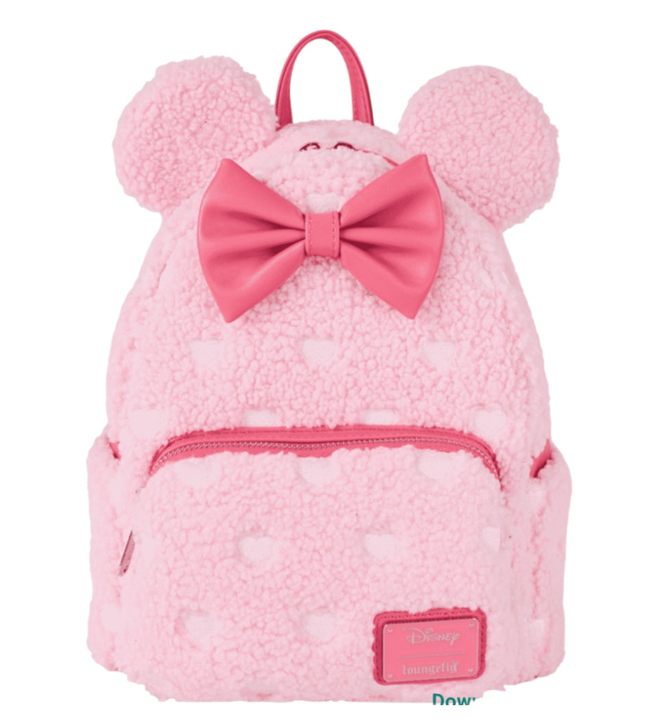 Loungefly Minnie Mouse Exclusive Hearts Strawberry Scented Sherpa Mini Backpack