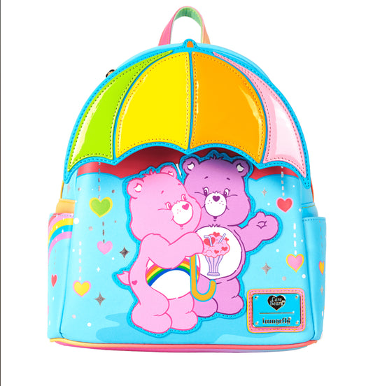 Loungefly Care Bears Cheer Bear &amp; Share Bear Rainbow Umbrella Mini Backpack.