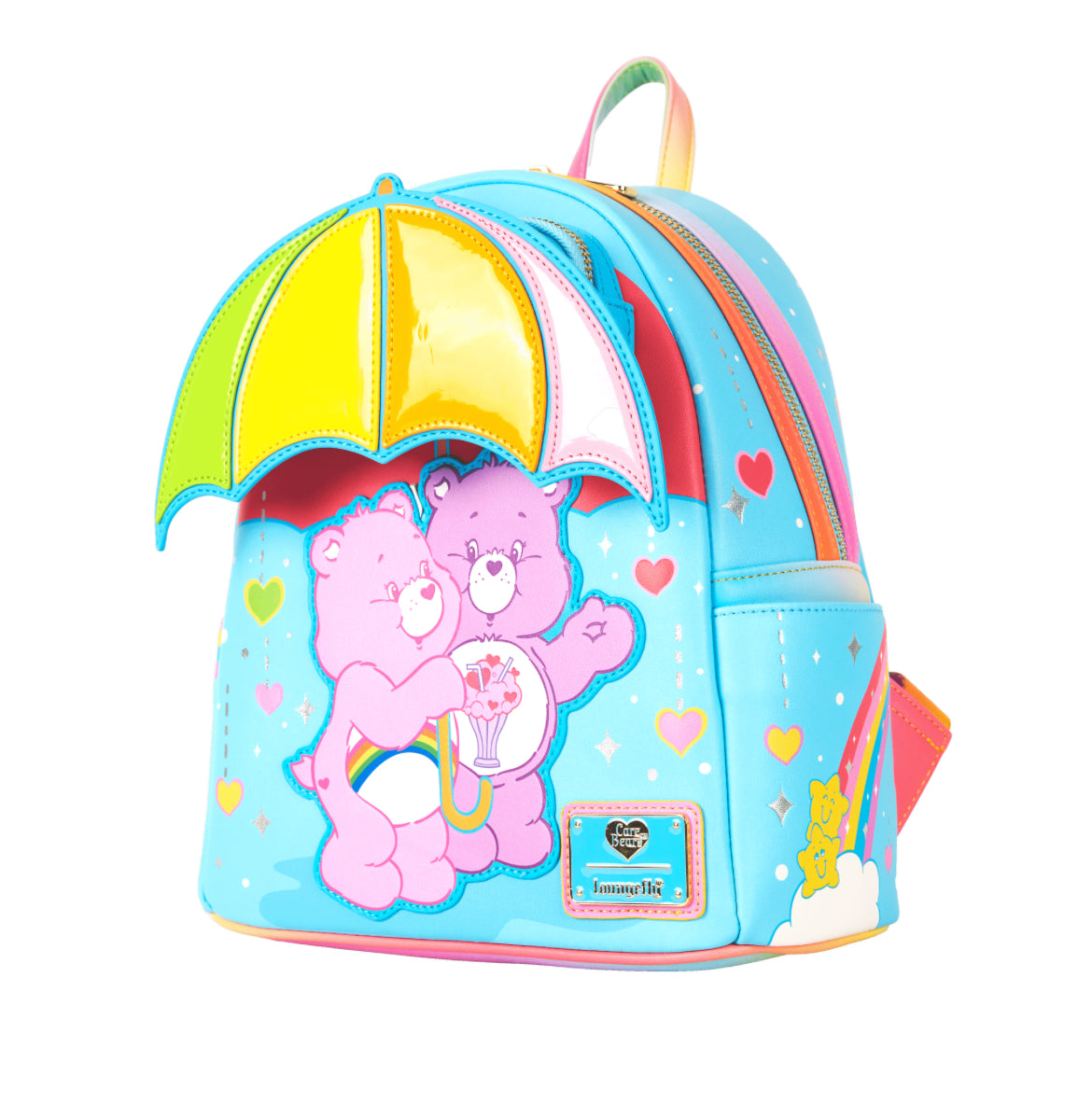 Loungefly Care Bears Cheer Bear &amp; Share Bear Rainbow Umbrella Mini Backpack.