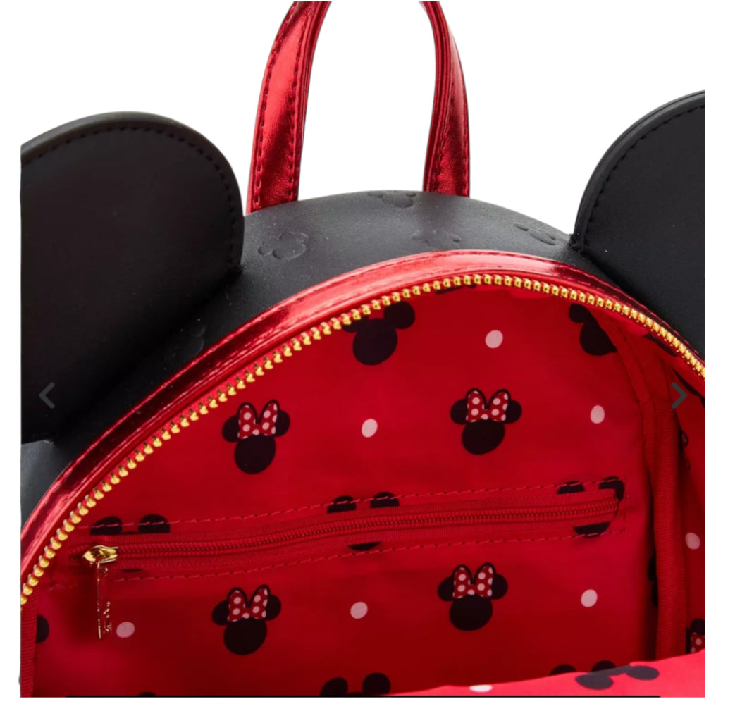 Loungefly Disney Minnie Mouse Metallic Red Bow Ears Mini Backpack.