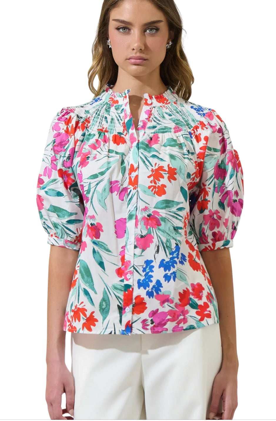 Sugarlips Kivia Smocked Floral Print Top (2x)