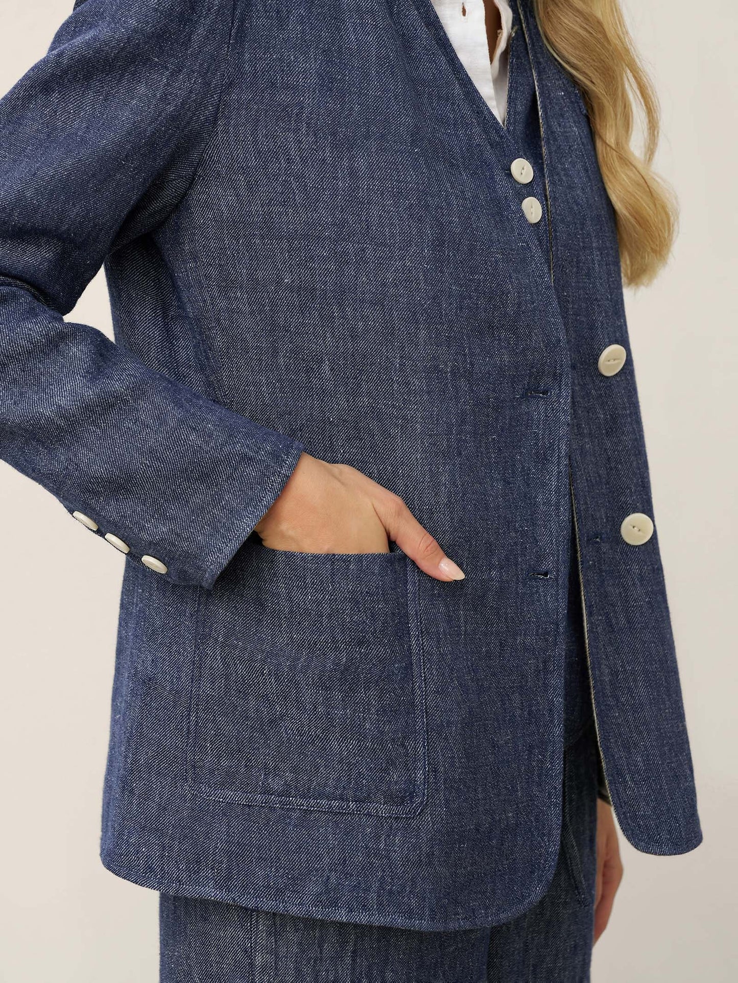 Linen Reversible Denim Texture V Neck Jacket ELLIE