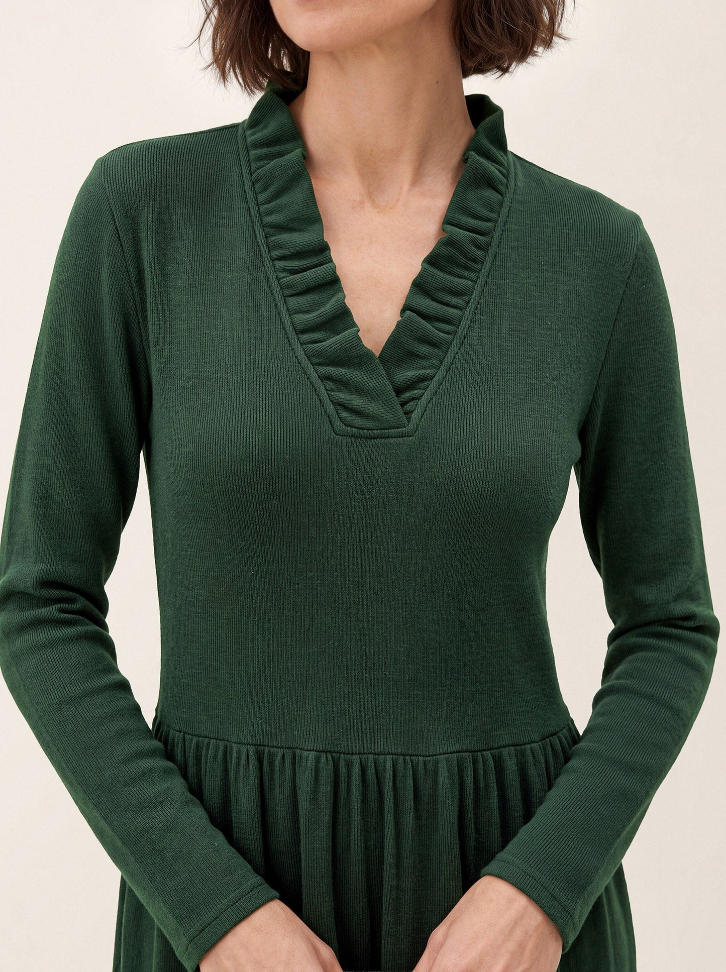 Lyocell Ruffle V Neck Gathered Waist Knit Midi Dress BRIELLE
