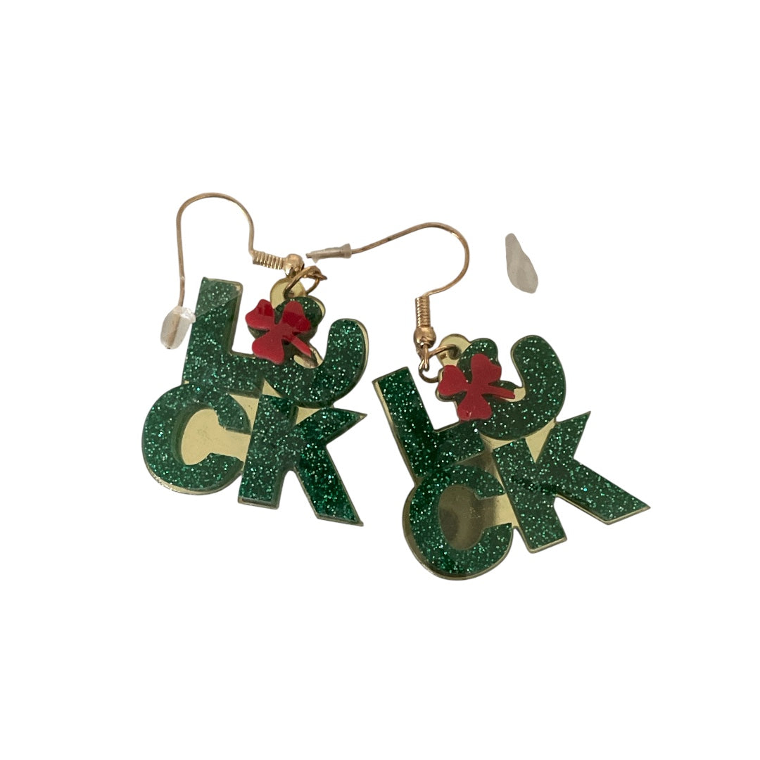 Green Glitter 'Luck' Earrings with Red Clover