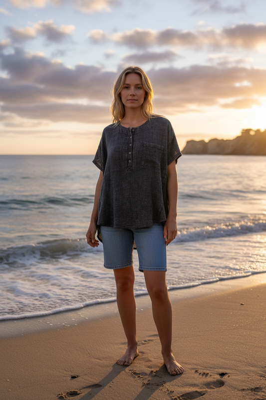 Zenana Washed Double Gauze 3/4 Button Henley Neck Shirt (Large/X-Large)