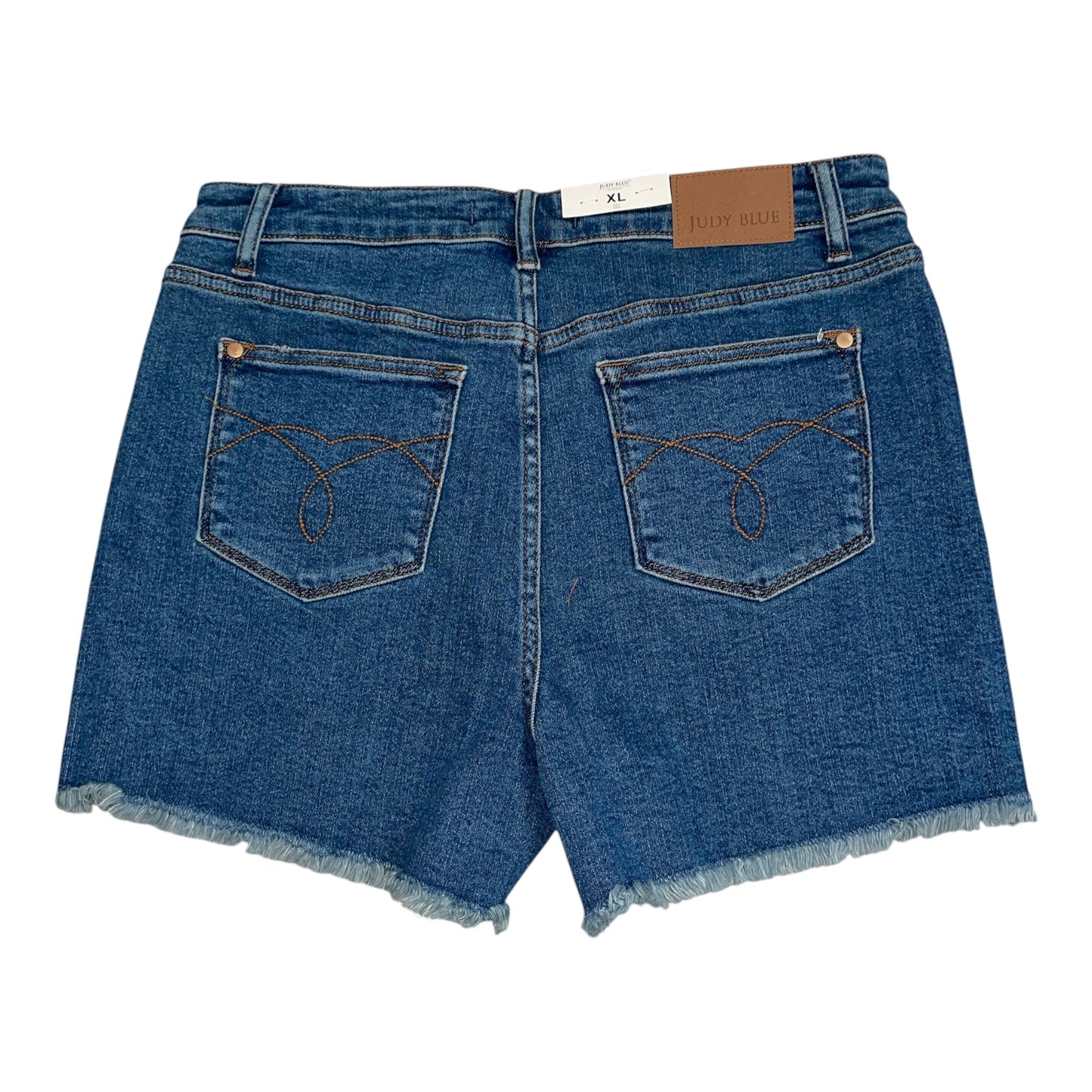 Judy Blue denim vintage high-rise cut shorts with a frayed hem.(XL)